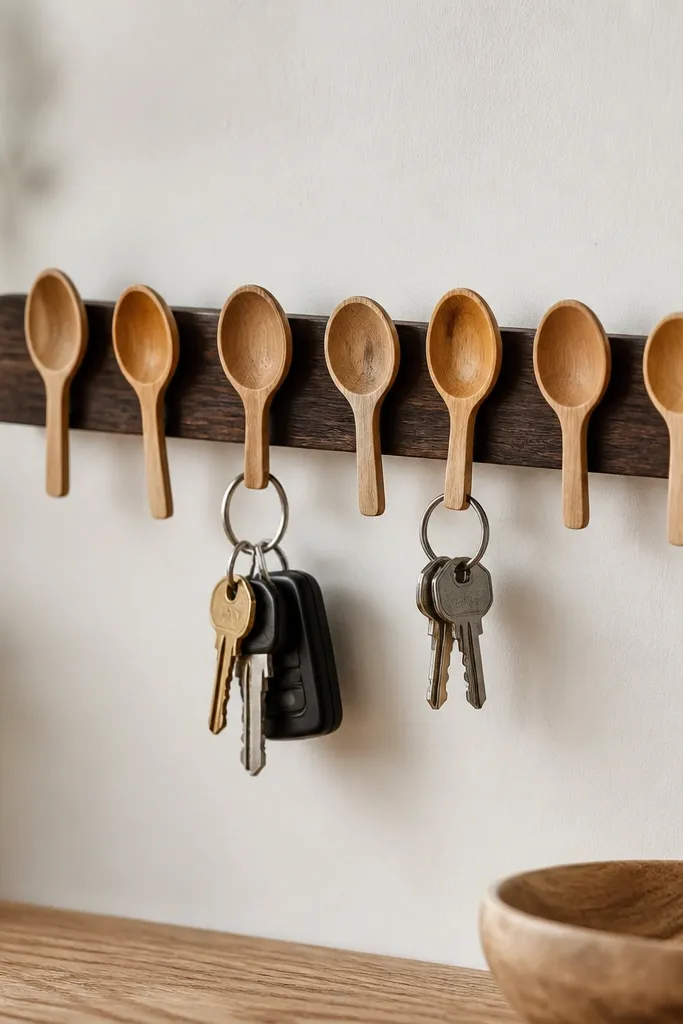 A row of small wooden spoons mounted horizontally on a narrow strip, each spoon acting like a hook. The strip is stained dark and the spoons are left natural, with a few keys hanging.