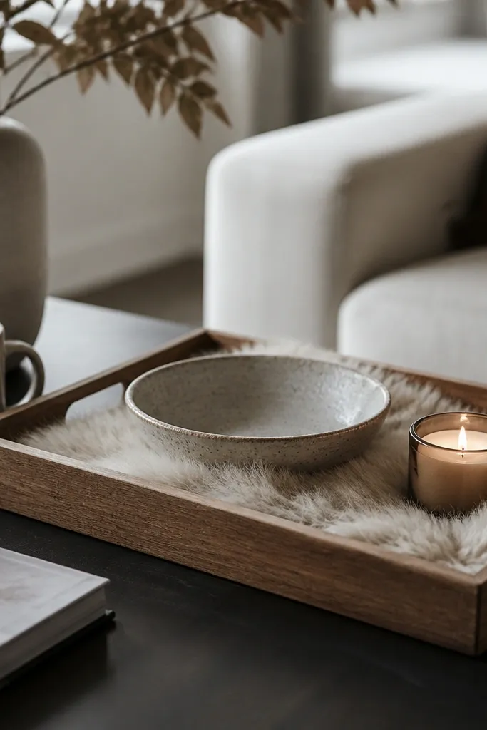 A wooden tray lined with faux fur, holding a ceramic bowl and a small candle. The fur is light beige and the tray sits on a coffee table with a mug nearby.