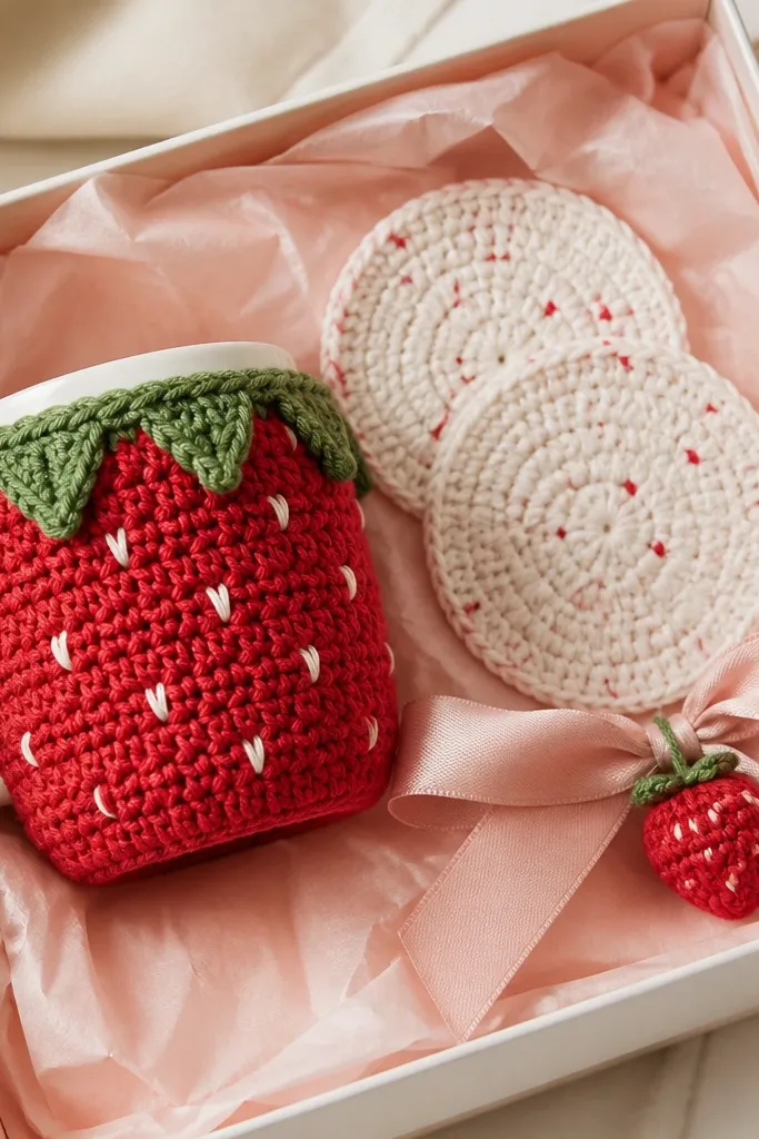 A gift box lined with blush pink tissue. Inside are a strawberry-themed mug cozy with green leaves, two mini coasters with red sprinkle specks, and a small crochet strawberry charm pinned to a satin ribbon.