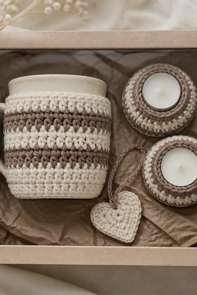 A flat lay photo with a cream mug cozy featuring thick mocha stripes. Two matching striped tea light cozies sit beside a small crochet heart tag, all on kraft paper inside a clear window box.