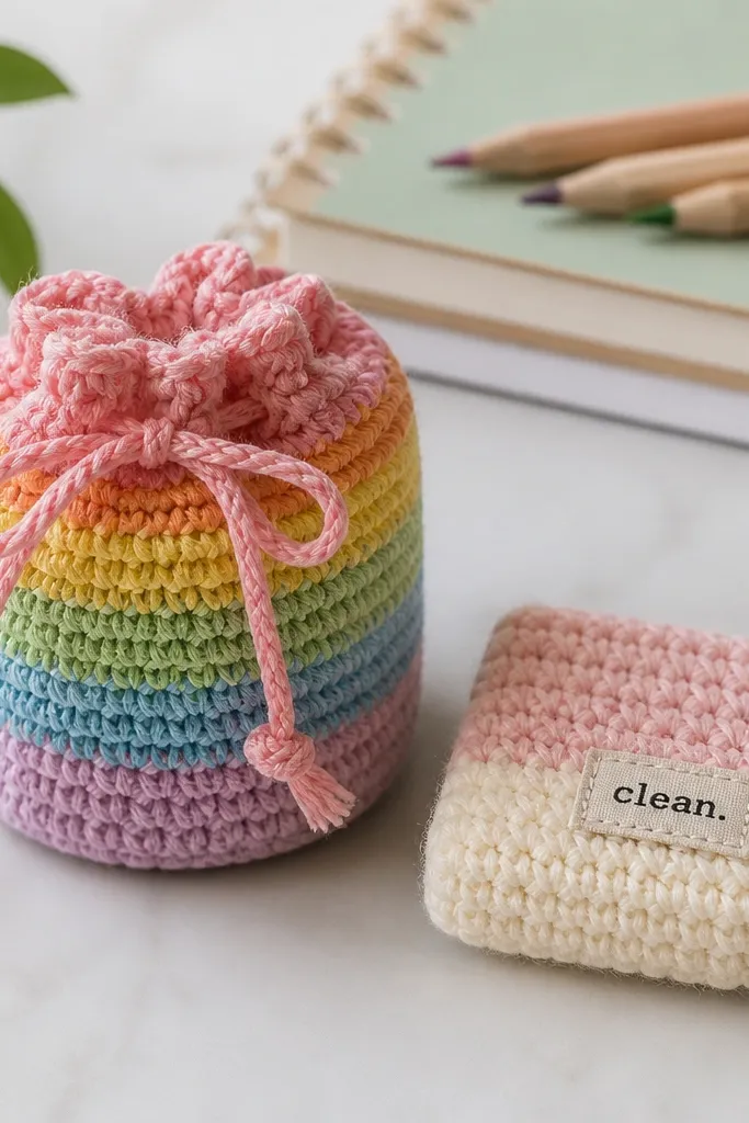 A small rainbow-striped crochet pencil case closed with a drawstring. Next to it is a square "eraser" scrubby in pastel colors with a tiny stitched label that says 'clean'.