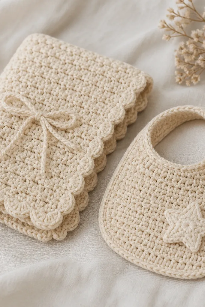 A small crocheted mini blanket folded with a scalloped border. Beside it lies a matching crochet bib in the same yarn with a buttoned strap and a tiny star applique.