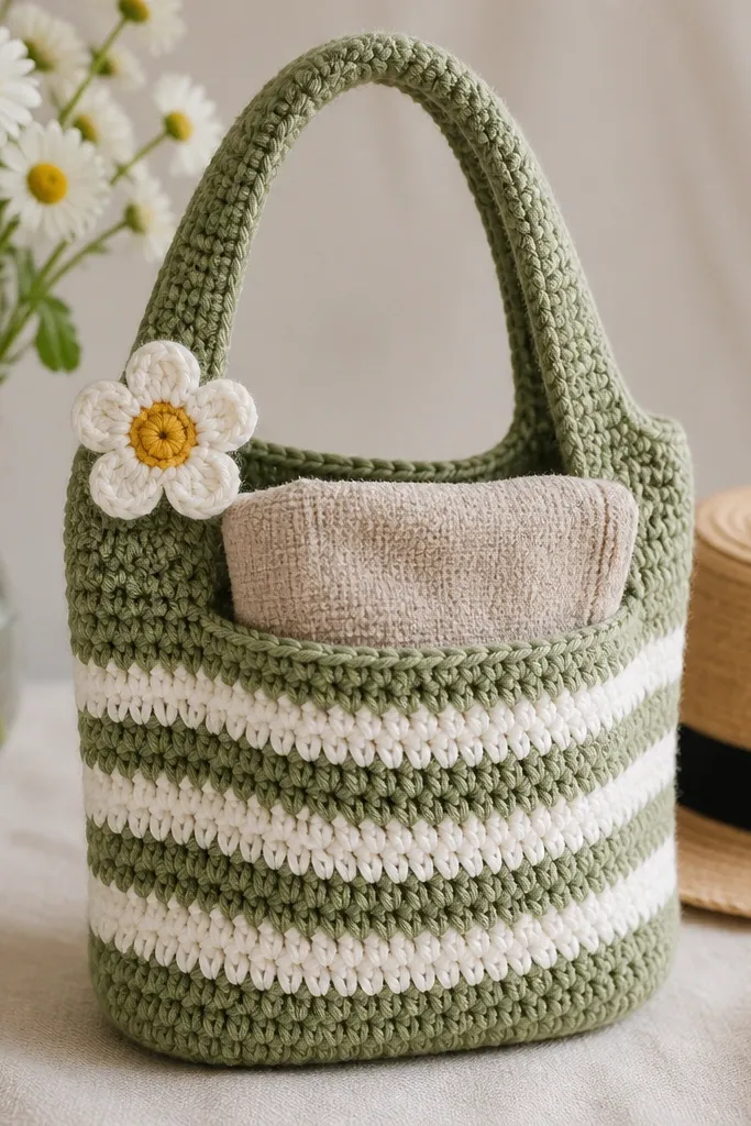 A small crochet tote with a handle, made in sage green and white stripes. A folded hand towel sits in a front pocket, and a crocheted daisy pin decorates the strap.