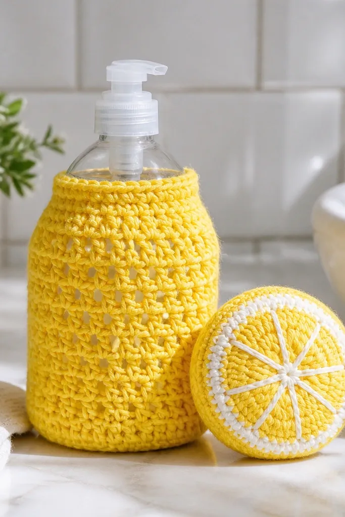 A clear bottle of dish soap wrapped with a crochet sleeve in bright yellow. Beside it is a round lemon scrubby with white 'pith' stripes and a small leaf charm.