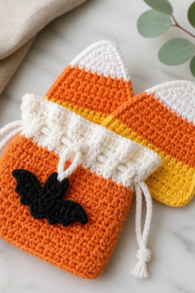 A small orange-and-white crochet treat bag with a drawstring. Inside are two candy corn shaped coasters in yellow, orange, and white stripes, plus a tiny black bat tag.