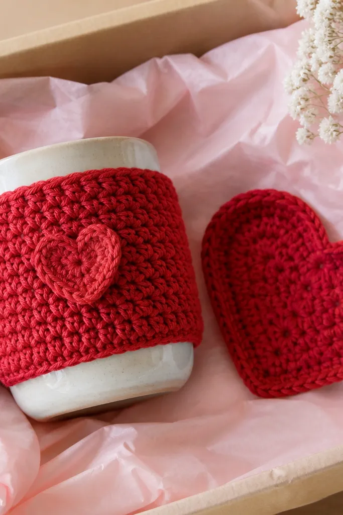 A red crochet mug cozy with a small heart stitched on the front. A matching heart-shaped spoon rest sits next to it, both placed on pink tissue in a gift box.
