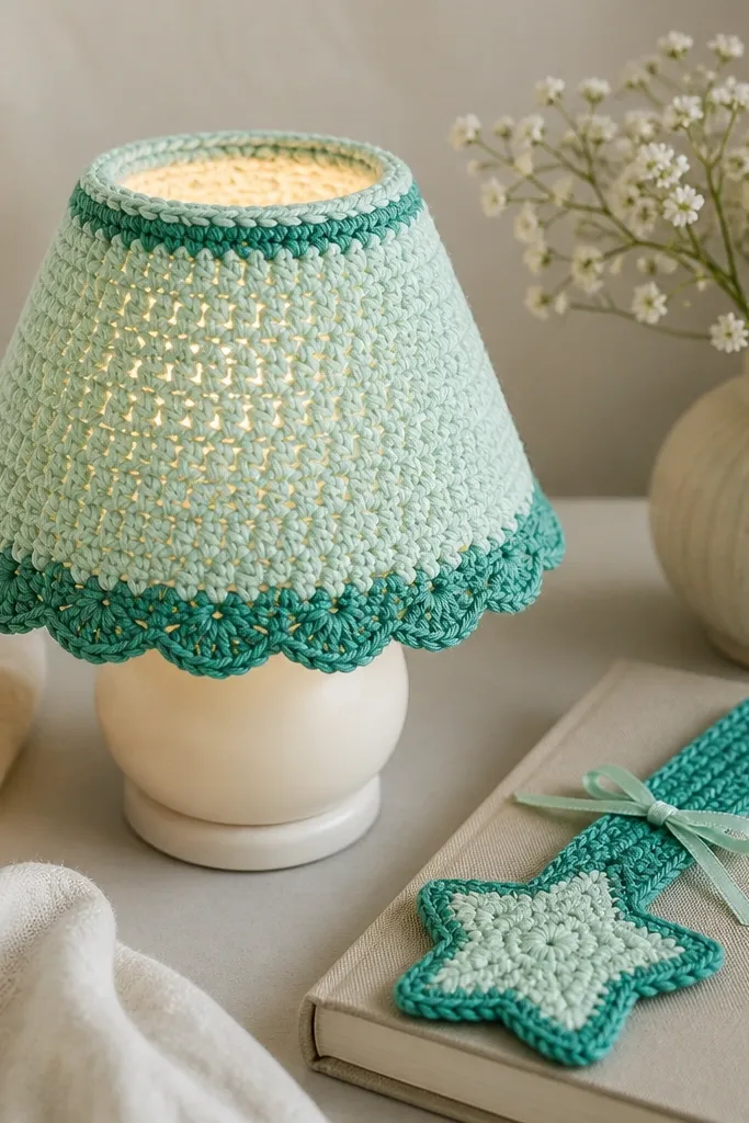 A crochet nightlight shade in seafoam and teal with a scalloped edge. A star bookmark in matching colors lies beside it, tied with a tiny ribbon.