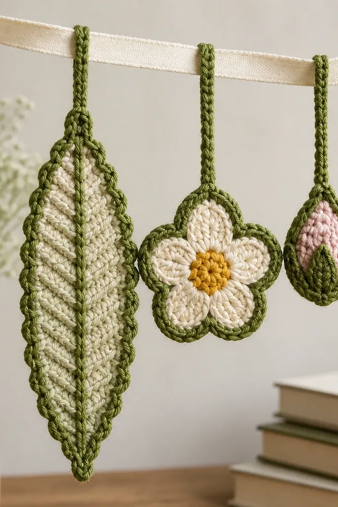 Three crochet bookmarks hanging from a ribbon: one tall leaf bookmark, one medium flower bookmark, and one small bud bookmark. Each has the same green border edging.