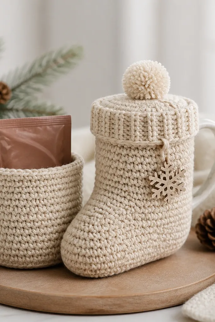 A faux 'sock' crochet cozy in oatmeal with a cuff and a small pom on top. A matching holder contains a hot cocoa packet, and a mini snowflake tag hangs from the cuff.
