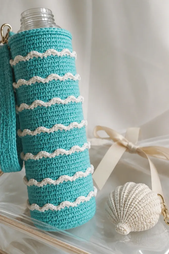 A turquoise crochet bottle sleeve with white ridges like waves. A small shell keychain in cream sits on top of a clear bag with a ribbon.