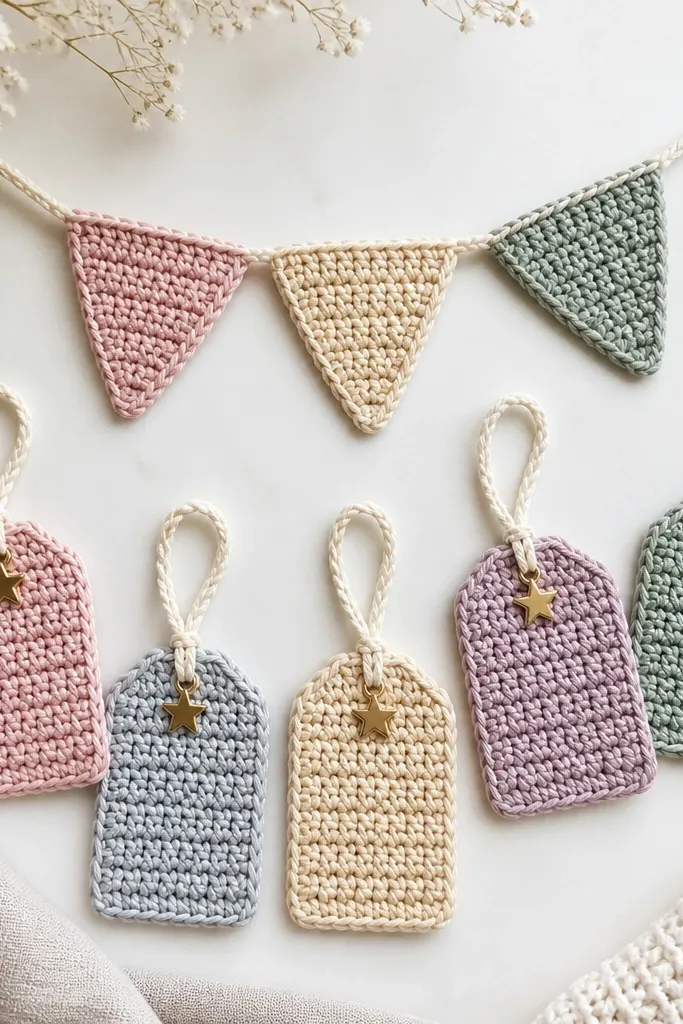 A small crochet banner chain with three pennants and a matching set of five crochet gift tags in pastel colors. All tags have a tiny string loop and a star charm.