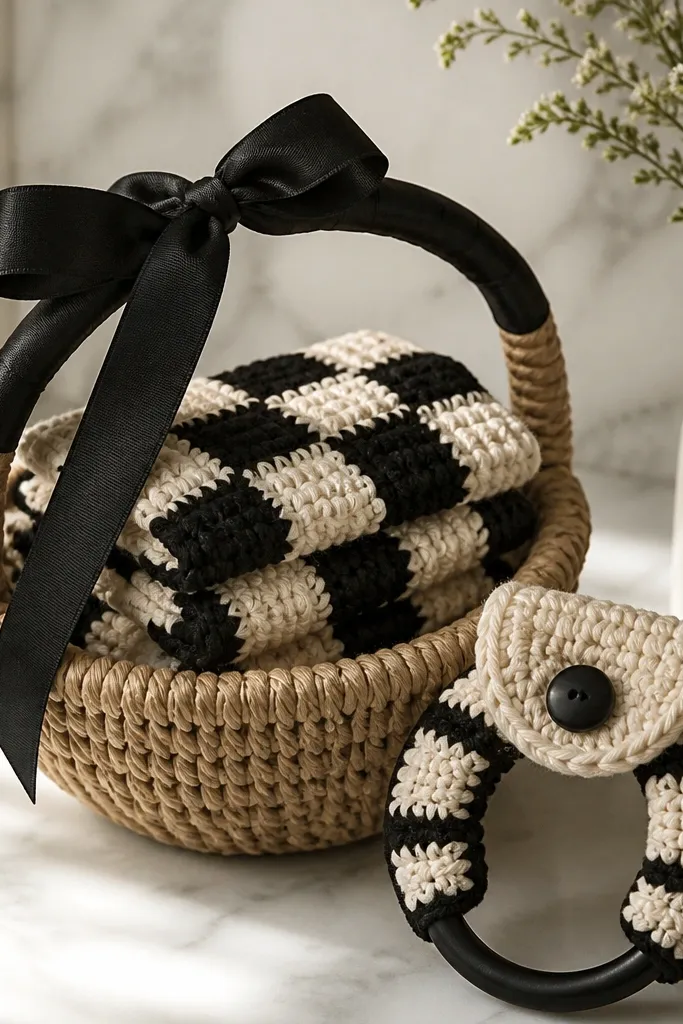 Four black and cream checker coasters stacked in a basket. A matching crochet towel ring holder sits in front, and a black ribbon wraps the basket handle.
