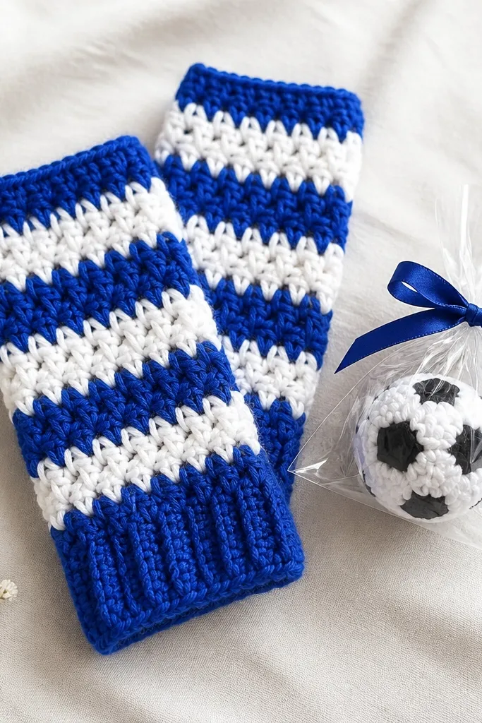Two crochet wrist warmers in a team color combo of royal blue and white with a ribbed cuff. A small crochet soccer ball charm sits in a clear cellophane bag with a ribbon.