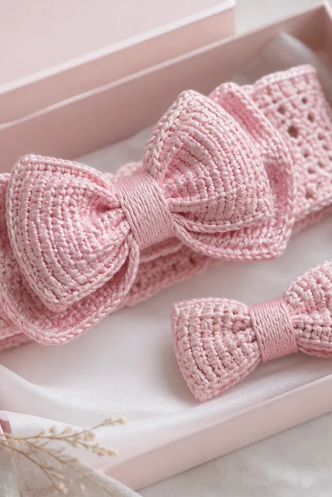 A crochet headband in soft pink with a large satin-like bow made from crochet layers. A matching small bow hair clip lies beside it in a gift box.
