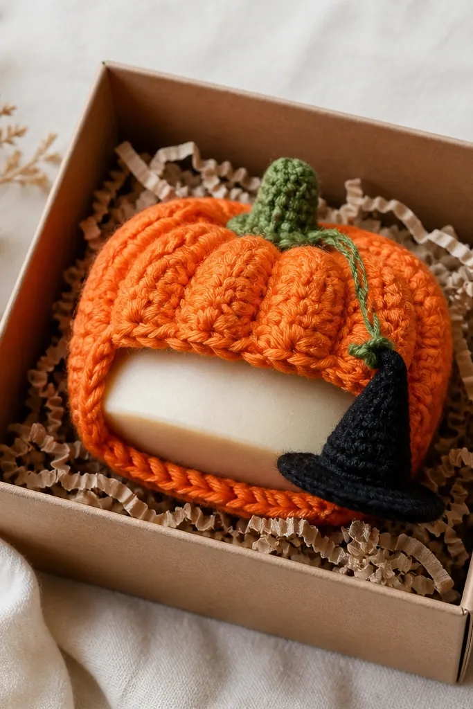 A pumpkin-shaped crochet sleeve around a bar soap, with orange ridges and green stem. A small black mini witch hat tag hangs from a string, inside a kraft box.