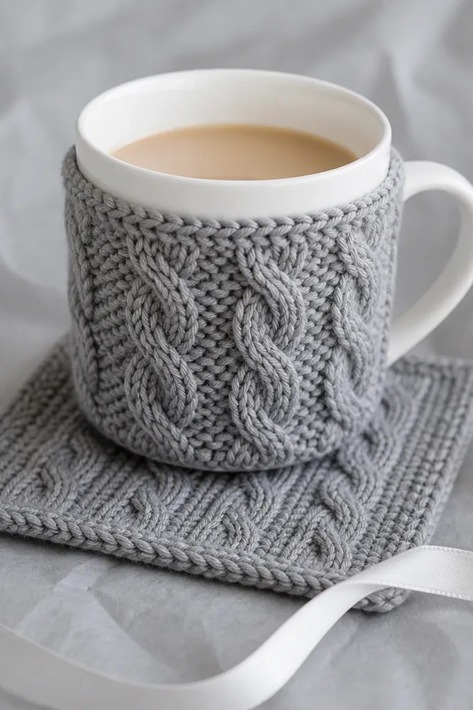 A gray crochet mug cozy with a simple cable-like pattern. A matching rectangular cable coaster sits underneath, both on light gray tissue with a single white ribbon.