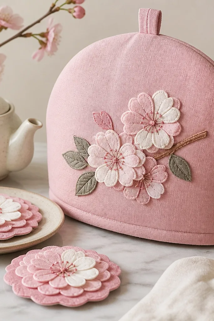 A pink tea cozy with a blossom applique. Two round flower coasters in layered petals sit beside it, and a small leaf charm is attached near the cozy seam.