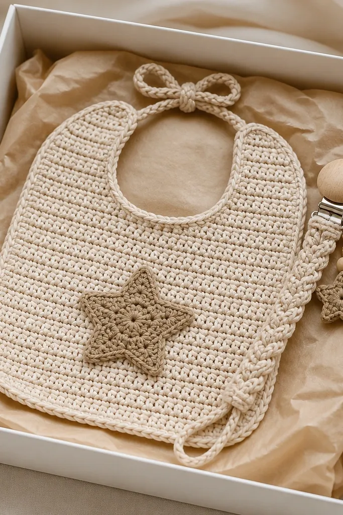 A neutral beige crochet bib with a star applique and a pacifier clip made from crochet cord. The clip has a small star charm attached, all inside a white gift box with tan tissue.