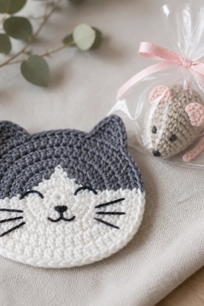 A cat face coaster in gray and white with stitched eyes and whisker lines. A small crocheted yarn mouse toy sits beside it in a clear bag, tied with a pink ribbon.