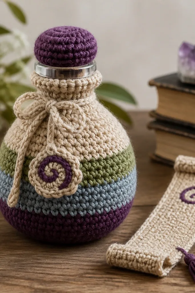 A potion bottle shaped crochet cozy with a cap and layered stripes. A matching bookmark shaped like a scroll sits beside it with a stitched 'spell' label.