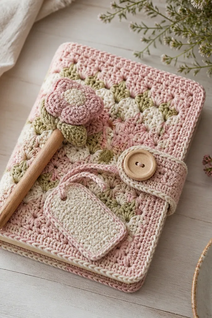 A crochet cover wrapped around a small notepad with a button closure. A pencil topper in matching colors sits on top, with a stitched 'thank you' label tag.