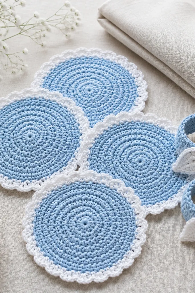 Four round crochet coasters in sky blue with white scalloped edges. Two crochet napkin ring holders sit beside them, each with a small leaf detail.