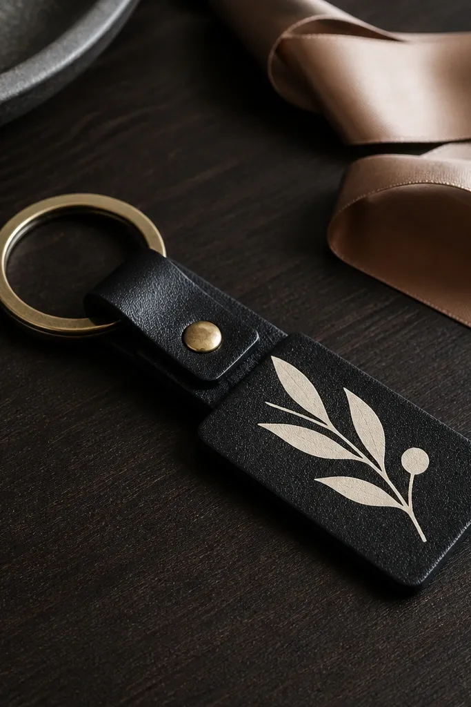 A small keychain made from black faux leather (or thick vegan leather) strips with a rectangular name tag. The tag has a matte cream vinyl letter design and a brass-look key ring. The background shows a dark desk with a folded ribbon.