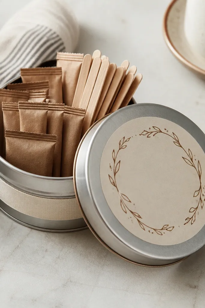 A small round metal tin filled with coffee packets and mini stirrers. A hand-lettered label sits on the lid in warm brown ink, with a strip of cream ribbon around the tin.
