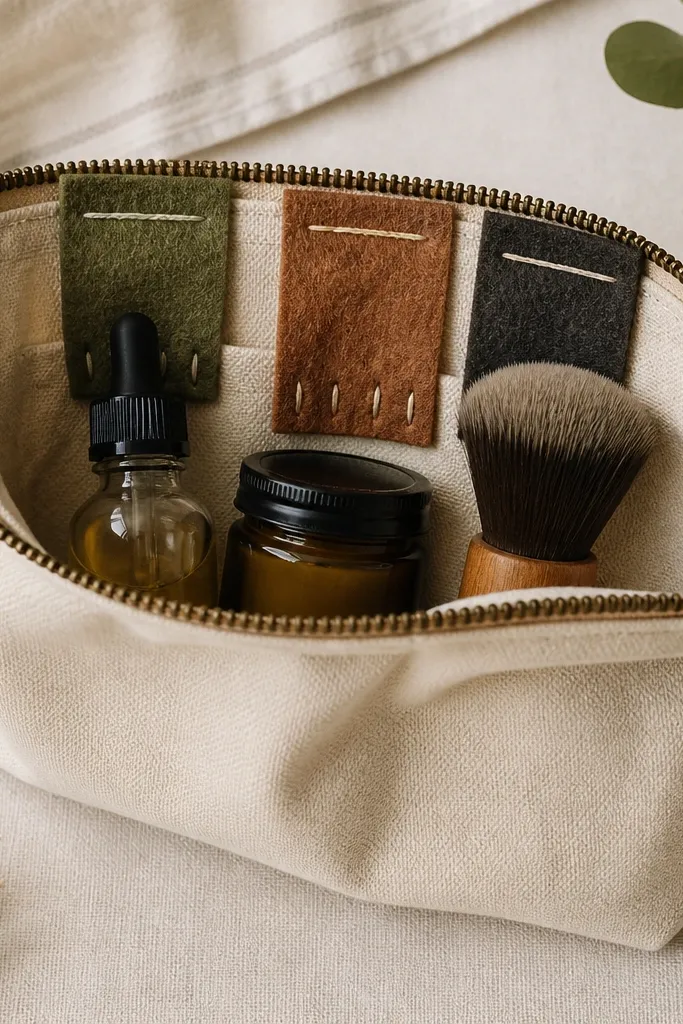 A small canvas pouch with a zipper, featuring three felt tabs labeled with stitched words: oil, balm, and brush. Inside are mini bottles and a compact brush.