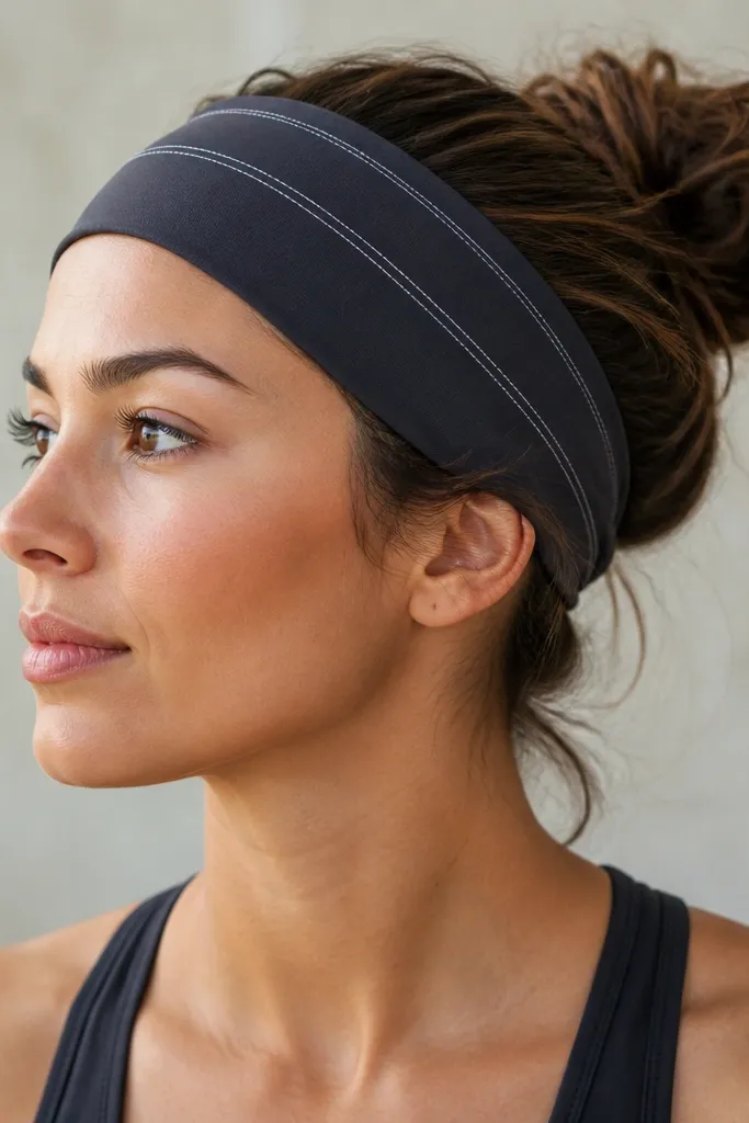 A wide headband made from stretchy fabric with two visible stitched lines in a contrasting color. It has a matte finish and a small folded seam at the back.