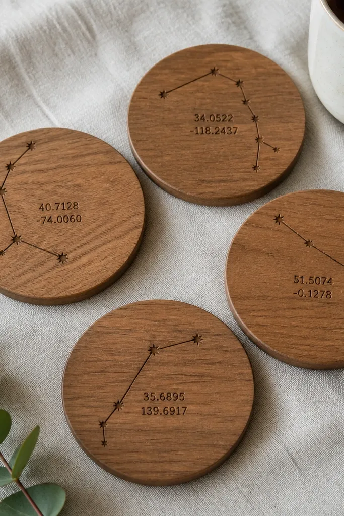 Four round wooden coasters with dark burned lines forming a small constellation. Each coaster has tiny numbers etched like coordinates in the center.