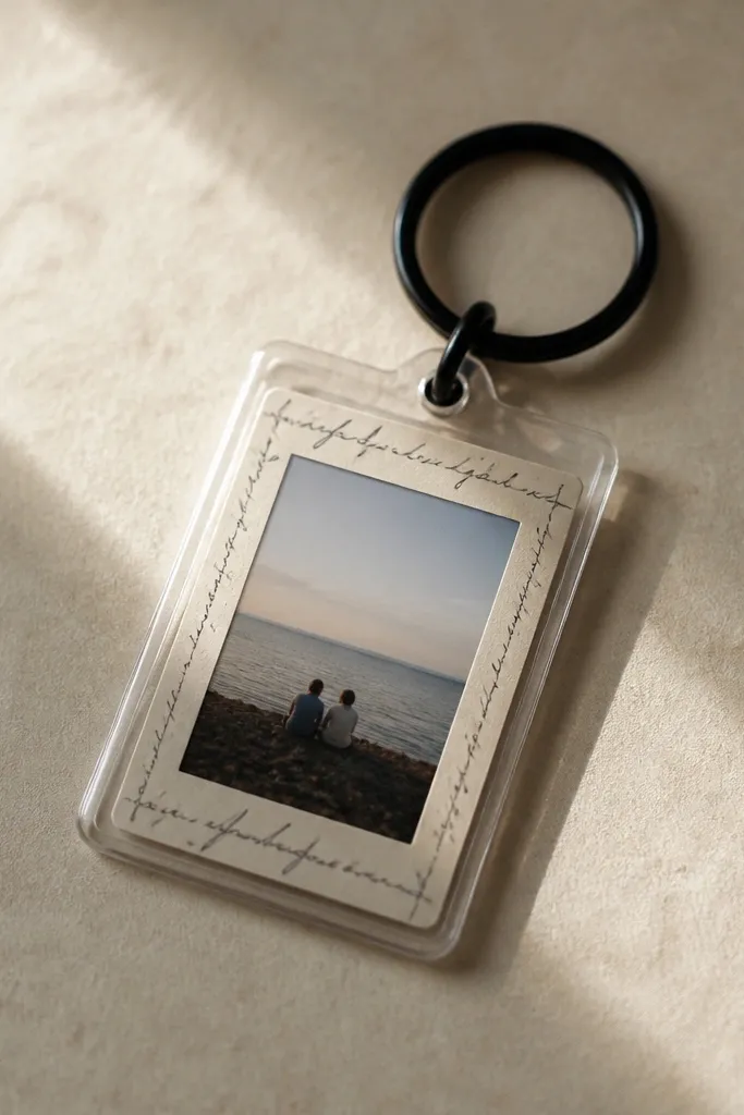A small clear plastic sleeve keyring with a tiny photo inside. A handwritten strip frames the photo, and the sleeve is attached to a black keyring.