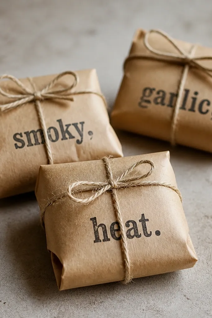 Three small kraft paper packets tied with twine. Each packet has a stencil label in black ink that reads like "smoky," "garlic," and "heat."