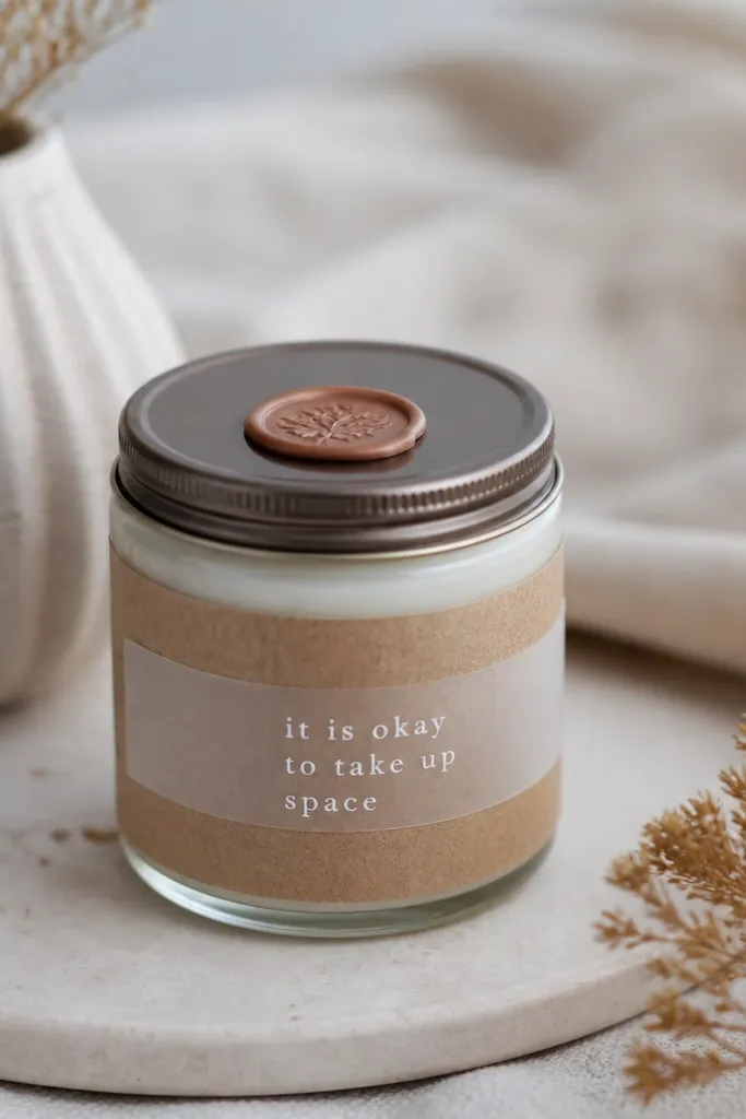 A small glass candle jar wrapped with kraft paper and a strip of frosted vinyl on the front. The quote is in white, with a small wax seal sticker on the lid.