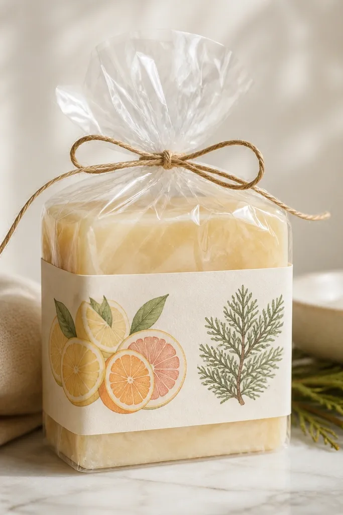 A wrapped soap bar in clear wrap with a paper label that has citrus slices illustration and a cedar branch icon. The wrap ties at the top with tan twine.