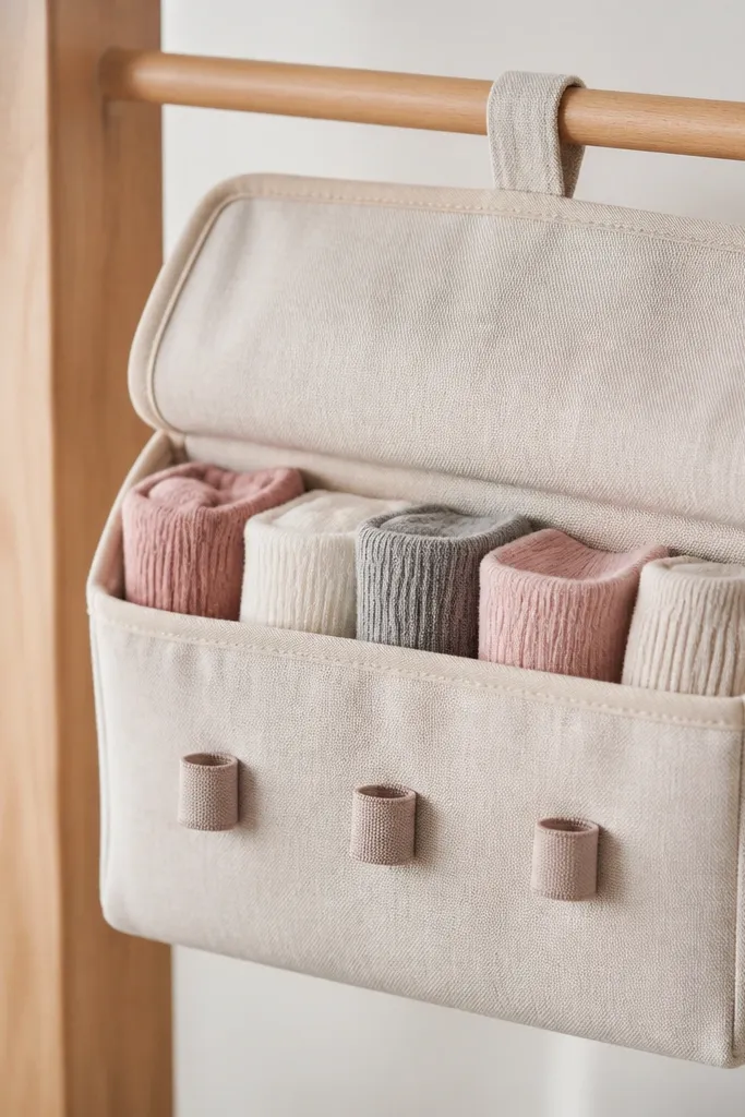A folded fabric organizer pouch with three ribbon loop holders on the front. It hangs open like a little pocket, showing a neat row of socks inside.