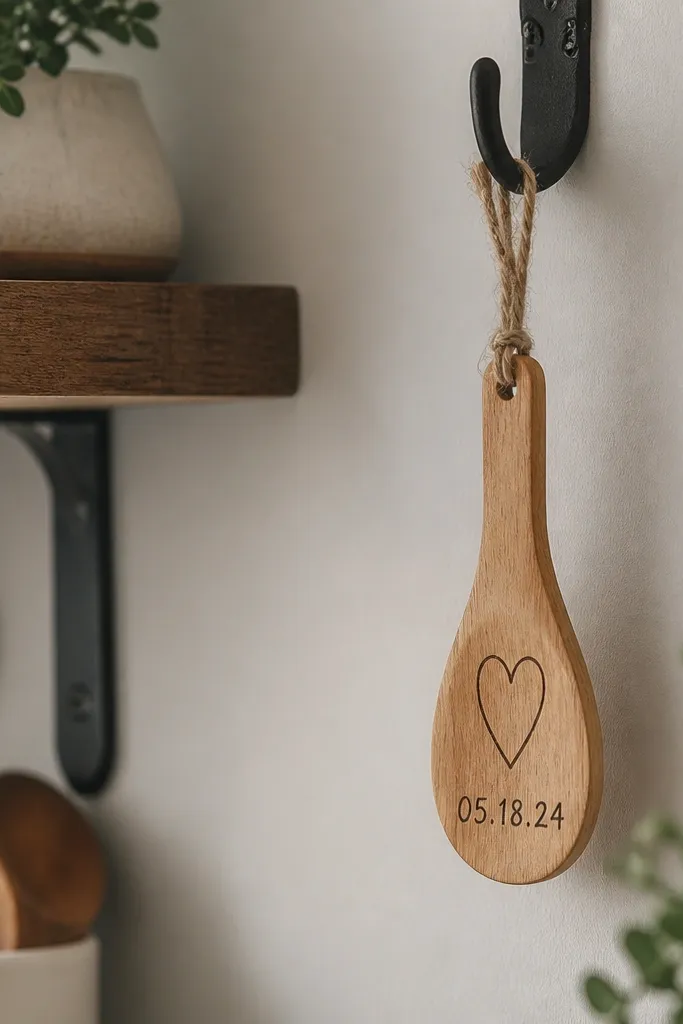 A small wooden spoon-shaped sign painted with a thin outline of a heart or utensil, and a date written in neat handwriting. It hangs from twine on a kitchen hook.