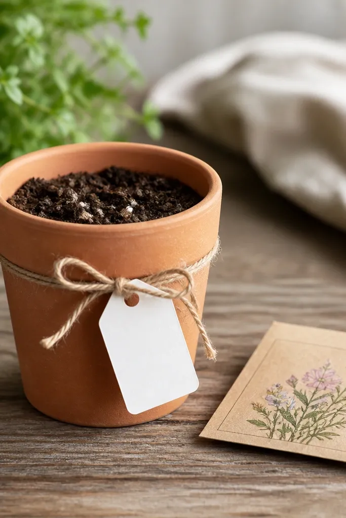 A small terracotta pot with a clean white label tied on with jute twine. A seed packet sits next to it, and soil is visible in the pot.