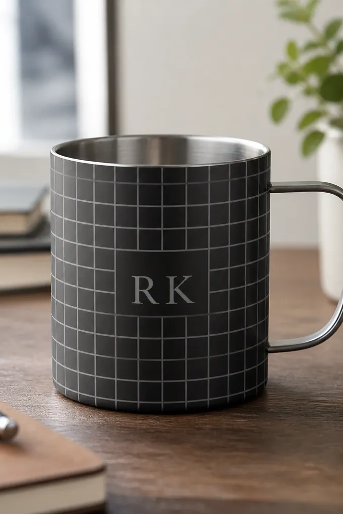A stainless steel mug with a vinyl wrap that forms a clean grid pattern in black and light gray. A single line of his initials sits centered.