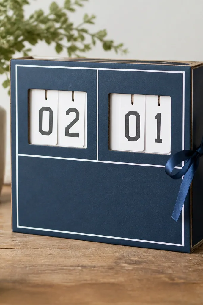 A small arcade-style scoreboard made from cardboard. It has a dark blue face, a white grid, and a number display made from paper sliders. A ribbon holds it closed.