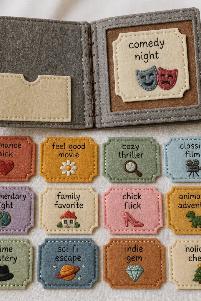 A small felt book with a stitched spine. Inside are 12 individual felt tickets with different icons and handwritten titles like "comedy night" and "cozy thriller."