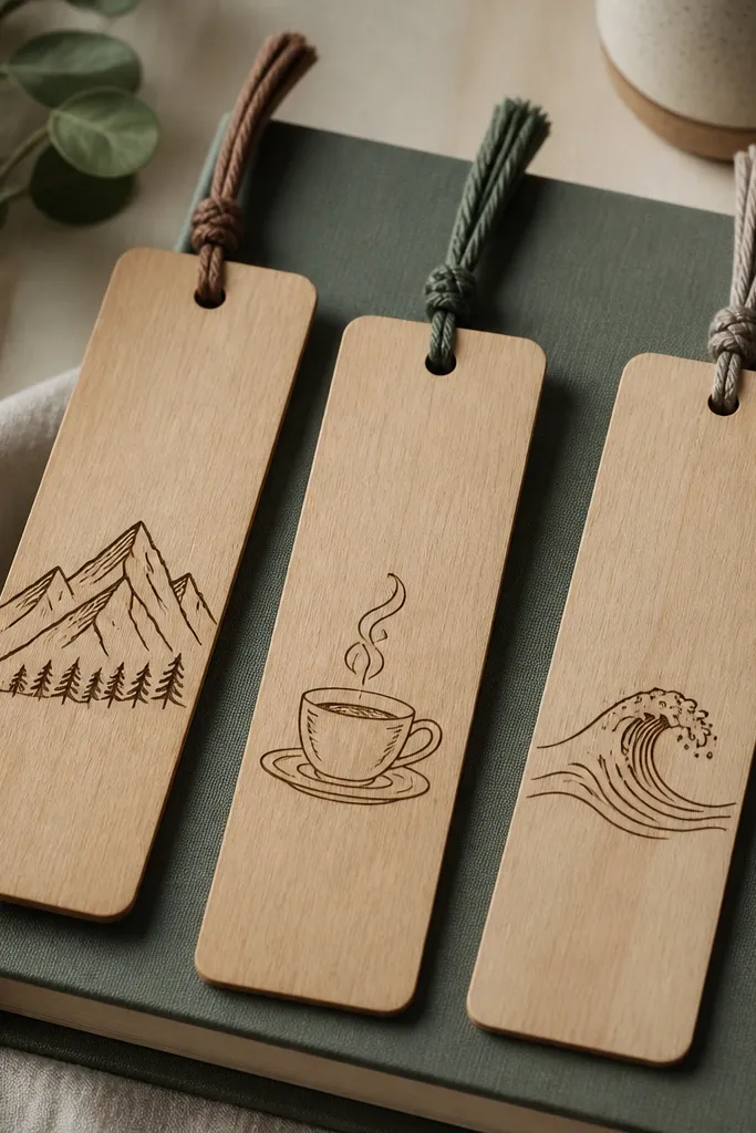 Three wooden bookmarks with thin burned line art of mountains, a coffee cup, and a small wave. Each bookmark has a smooth matte finish and a ribbon tassel at the top.
