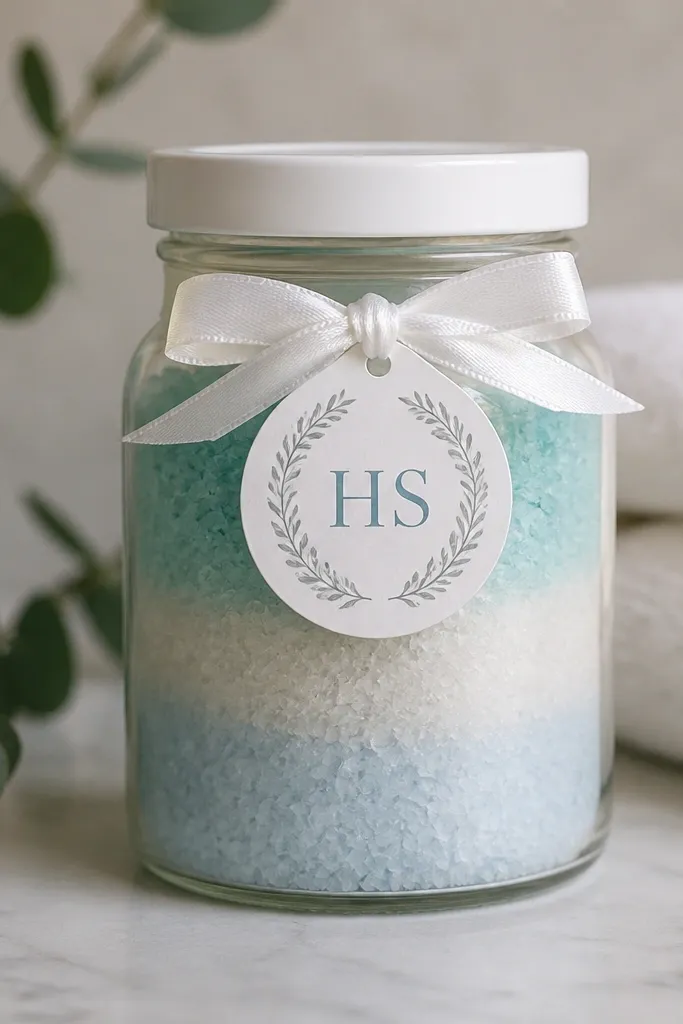 A clear glass jar filled with bath salts layered in three colors: pale blue, white, and light teal. A white label with his initials sits on the front, tied with a small ribbon.