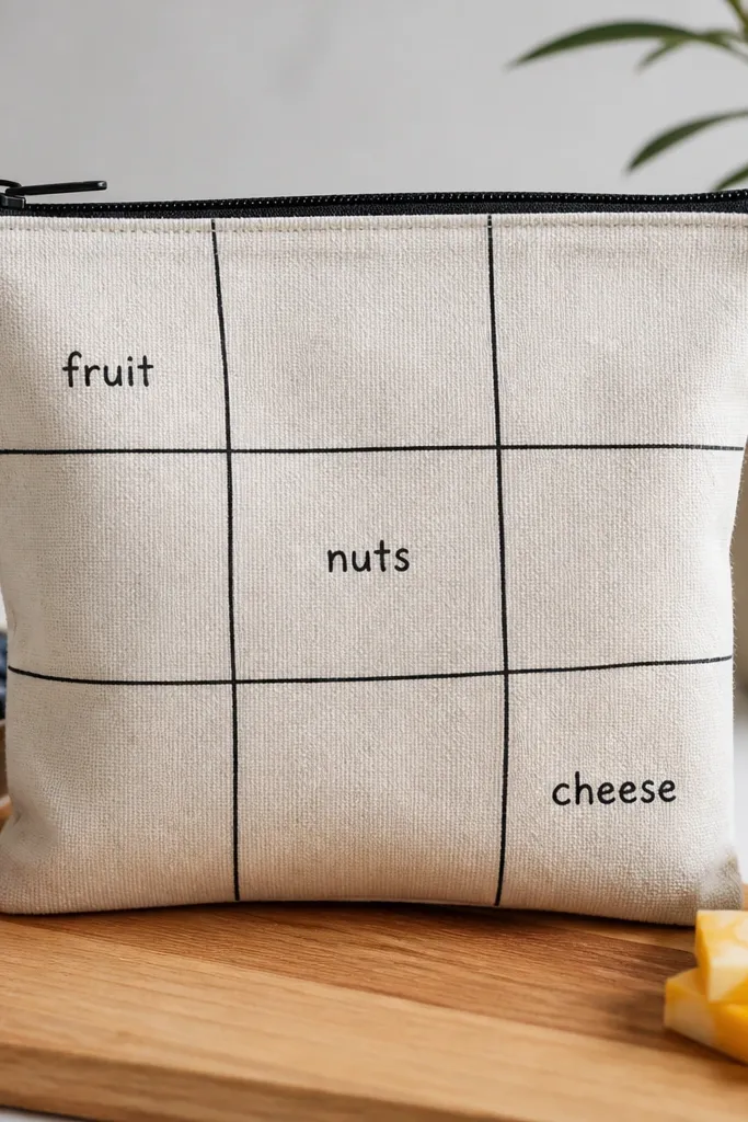 A reusable fabric snack bag with a grid drawn in black marker. Small labeled squares read "fruit," "nuts," and "cheese." A zipper top keeps it closed.