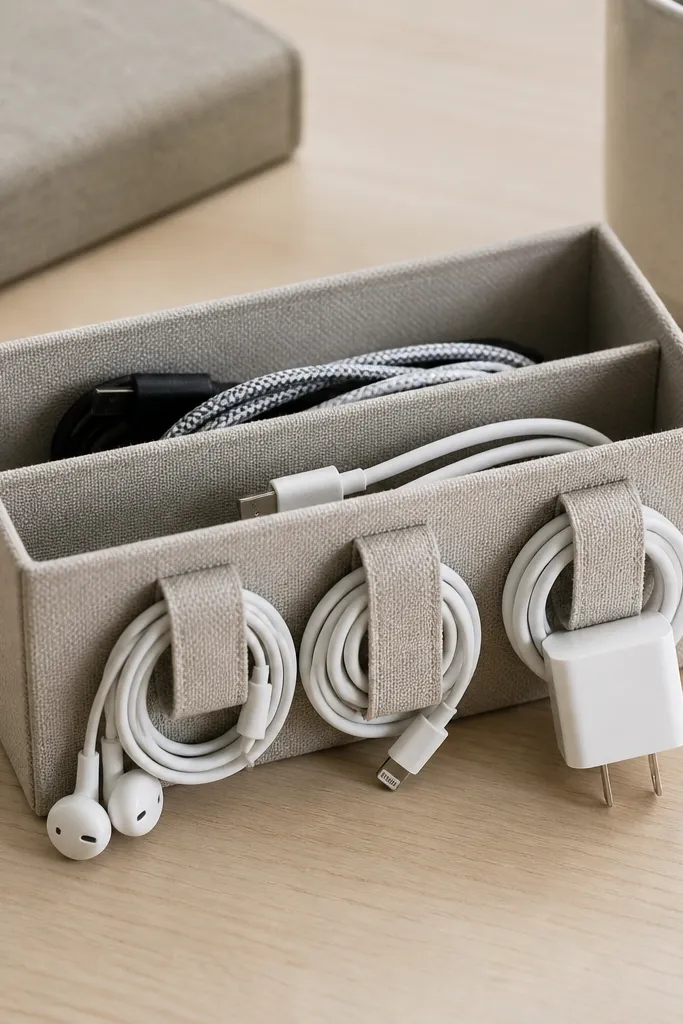 A small cable organizer tray made from folded cardboard, covered in matte fabric tape. It has two channels and three loops on the side for earbuds and chargers.