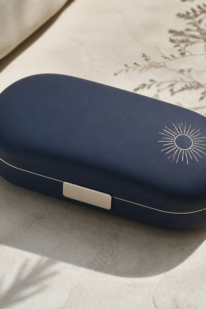 A hard sunglasses case painted with minimal navy and cream line art. A thin sun icon sits on the corner, and the rest is matte color with a small label strip.