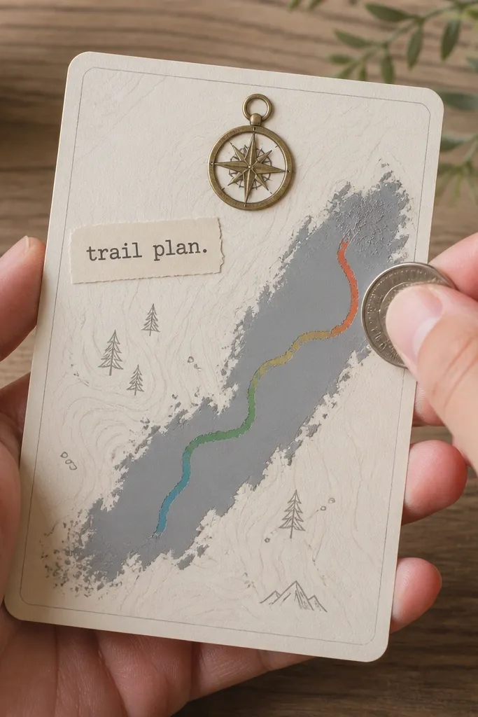 A small map card with a gray scratch-off layer on a route line. When scratched, a colorful route appears. A compass icon sits at the top and a small sticker label says "trail plan."