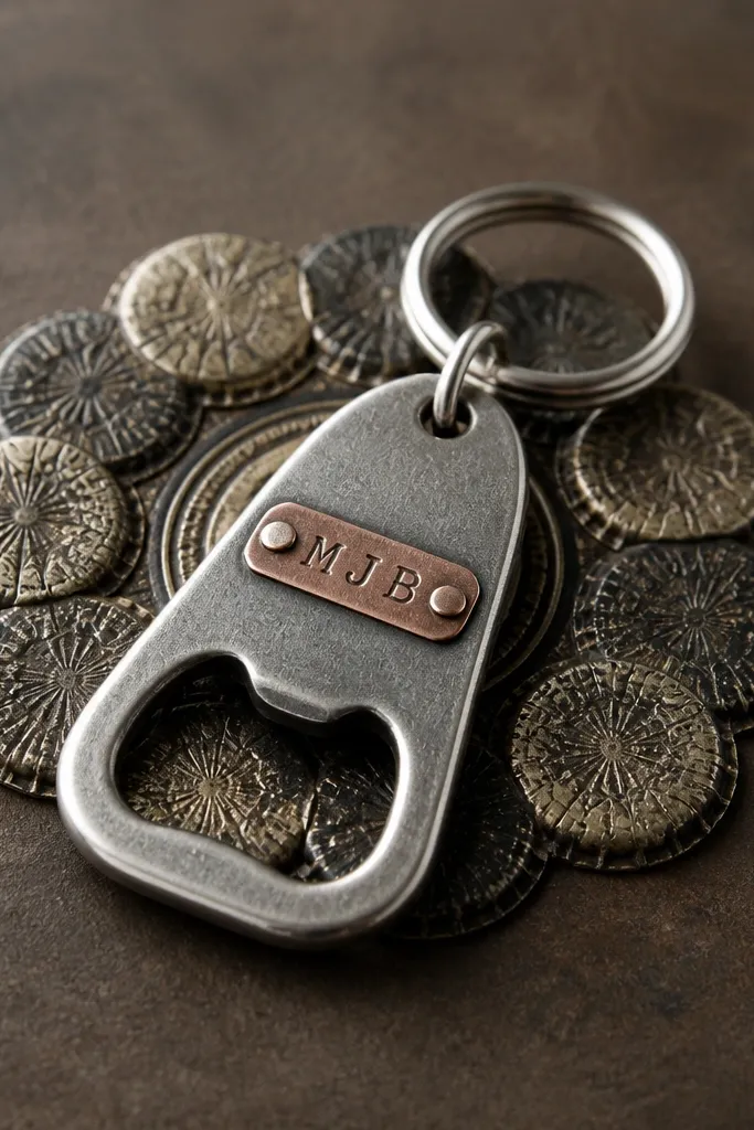 A metal bottle opener attached to a key ring. Behind it is a circle made from flattened bottle caps with a stamped pattern, and a small label strip reads initials.
