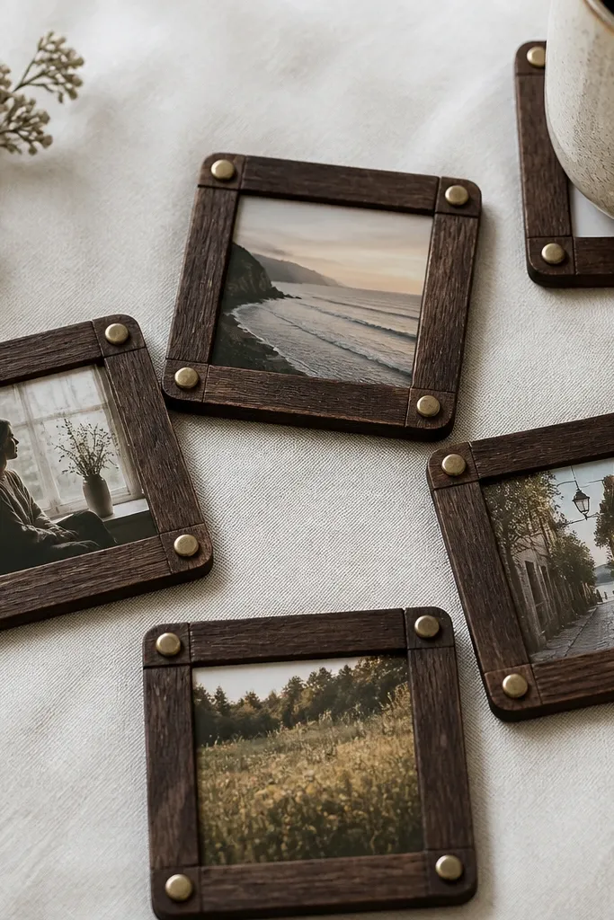 Four small coasters that look like mini photo frames, each with a snap-button border. Each coaster has a tiny printed photo in the center, and the border is a dark wood tone.