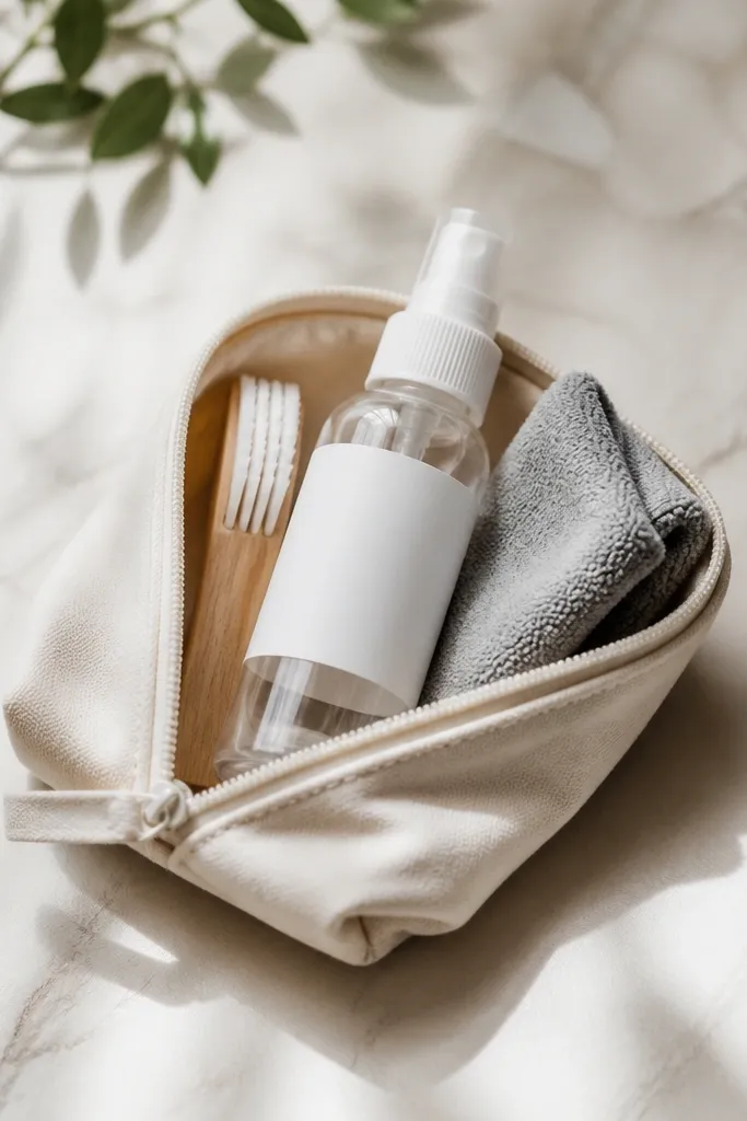 A small canvas pouch holding a mini brush, a clear spray bottle with a label, and a folded microfiber cloth. The label has a clean black font on white paper.
